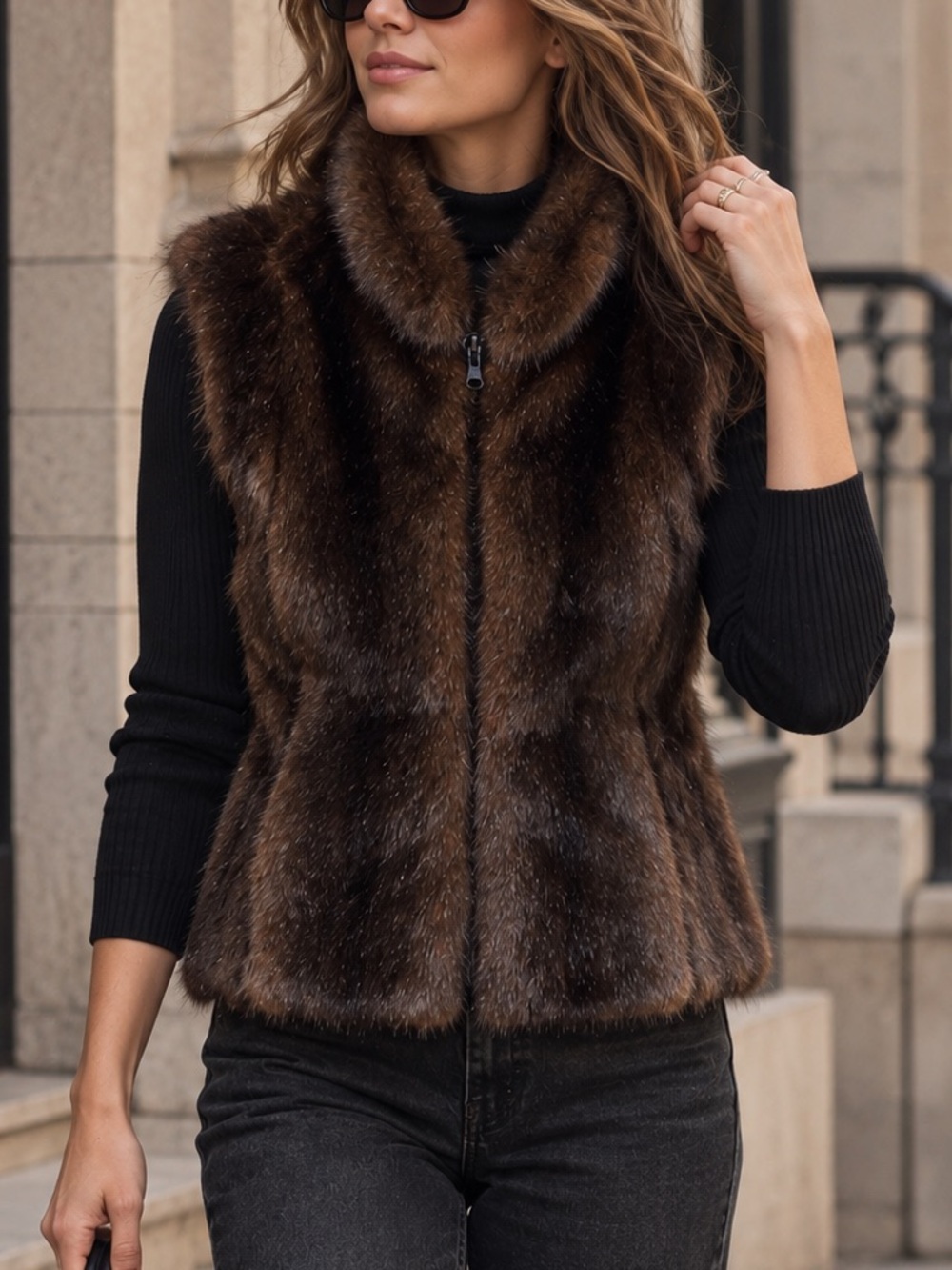 Women's Faux Fur Vest Soft Full Zip Size M Brown Mob Wife Winter Maximalist Fall